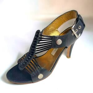 Cynthia Vincent Black Leather Strappy Stiletto Sandals Stud Detail Size 6